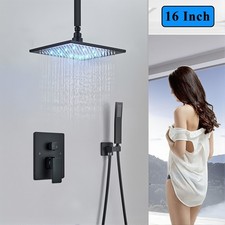 16" Ceiling Black Shower Faucet Set LED Rainfall Head Combo kit with Mixer Valve