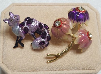 Purple Fox and Flower Brooch Pin Mothers Day Gift Rhinestones Set of Two