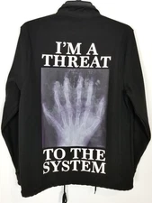 PLEASURES IM A THREAT TO THE SYSTEM X-RAY COACHES JACKET SIZE LARGE  BLACK Zip