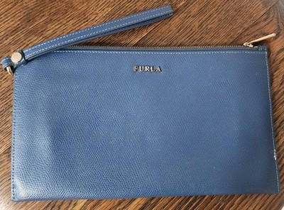 FURLA BLUE leather Wristlet Clutch Slim Bag Small Purse Pouch barely used