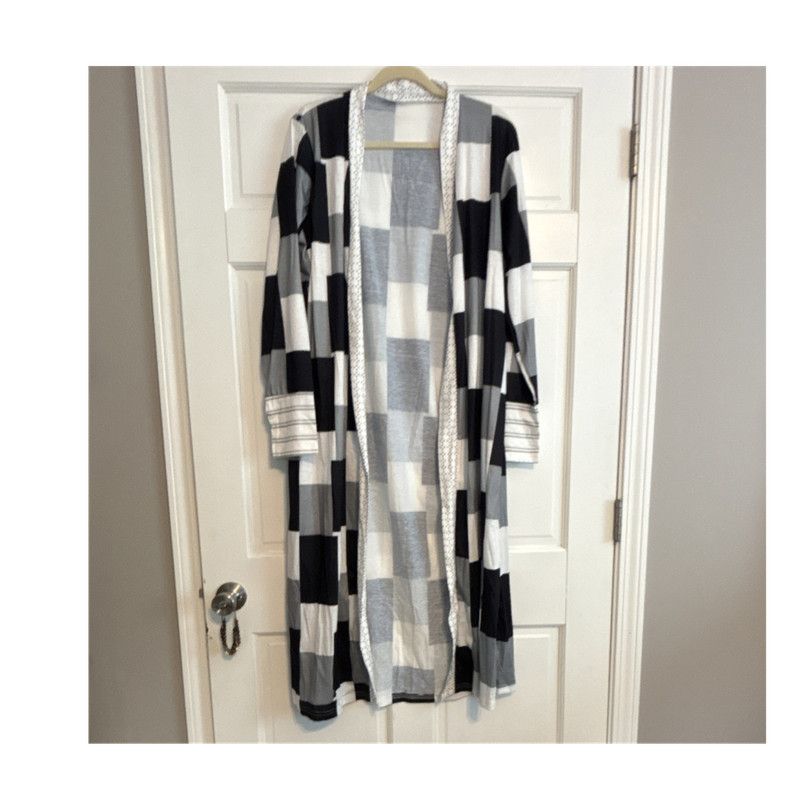 Black White Gray Check Plaid Long Open Jacket with Long Sleeves for Women