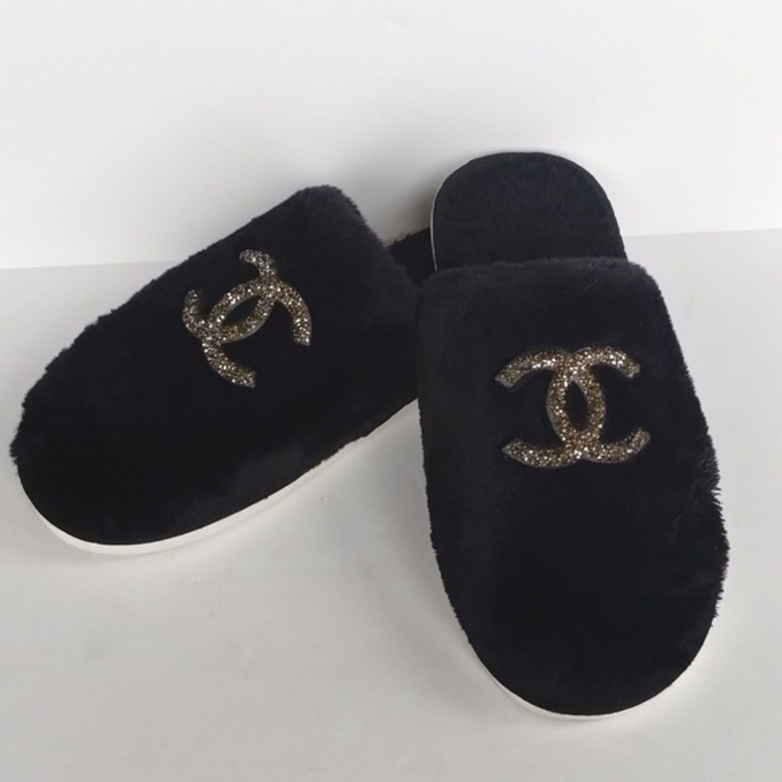 PANTOFOLA D’ORO Fluffy CC Gemstone nero e oro scintillante ciabatte di lusso in pelliccia sintetica 40 41