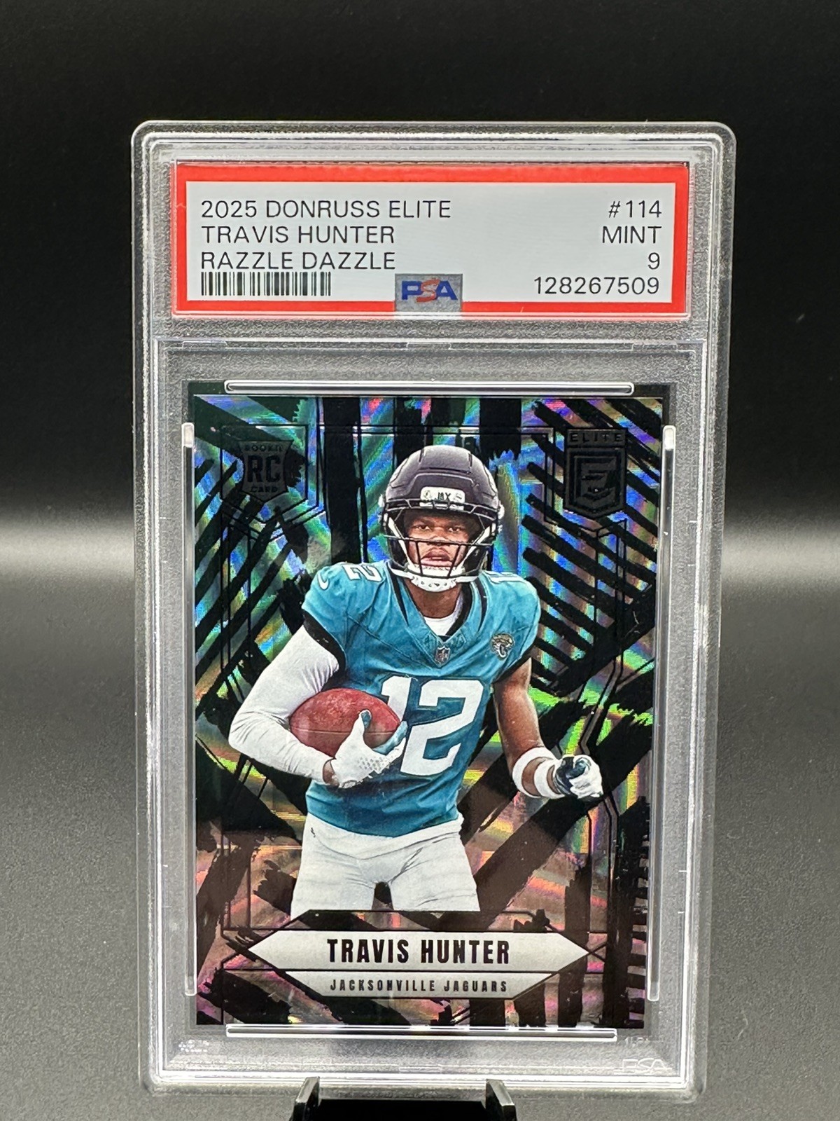 2025 Donruss Elite Travis Hunter Razzle Dazzle RC 114 Jaguars PSA 9 CASE HIT SSP