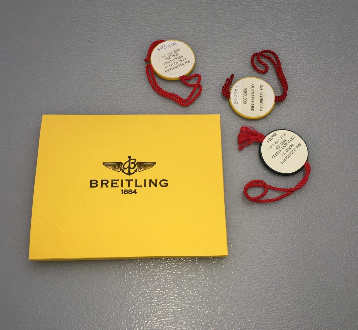 3 etiquetas colgantes Breitling para caja Bentley verde amarillo Navitimer Chronomat