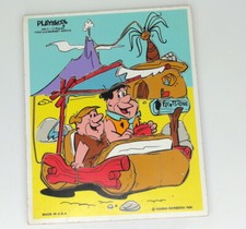 Playskool Wood Tray Puzzle #340-2 Fred and Barney Arrive 17 Pieces USA Made 1980