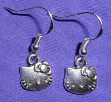 HELLO KITTY CAT FACE EARRINGS - Pewter with Sterling Silver Ear Wires