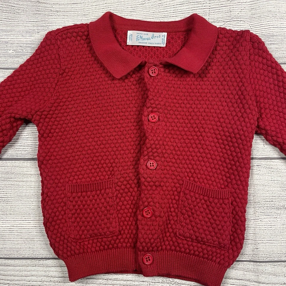 Cárdigan tejido palomitas de maíz cuello rojo vacaciones Feltman Brothers abotonado 6 meses Foto 2 de 4