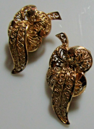 Birken Ohrclips Sterling Silber Gold Vermeil Filigran Blatt Vintage  - Bild 1 von 2