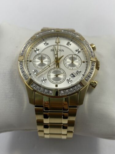 Bulova Classic Diamonds Chronograph Quartz Gold Tone Steel Men's Watch 98E113 - Picture 3 of 16