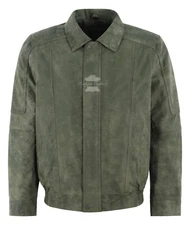 Men's Blouson Leather Jacket Olive Buffed Effect Soft Real Leather Bomber Jacket