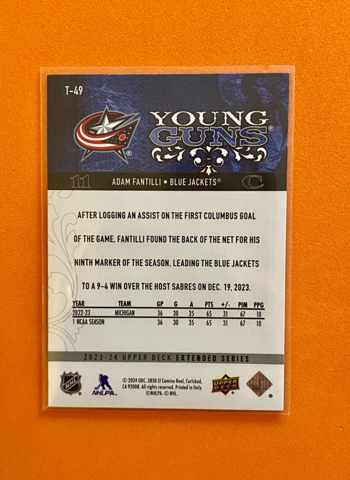 2023-24 Upper Deck Extended Series- Retro Young Guns Adam Fantilli #T-49 - Image 2 of 2