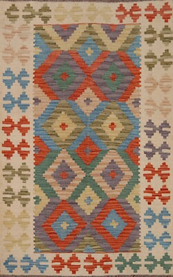 Geometric Reversible Kilim Kelim Rug 3x5 Wool Hand-Woven Carpet
