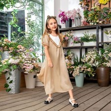 Girls Fashion Dress Lace Pleated Short Sleeved Abaya Muslim Child Robe Summer