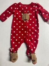 Carters Girls Red Polka Dot Fleece Reindeer Christmas Sleeper Pajama 3M New