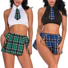 Plus Size Sexy Women Lingerie School Girl Cosplay Costume Set Plaid Skirt Outfit