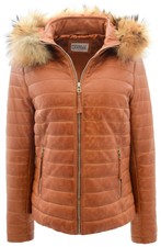 Womens Real Leather Puffer Coat Detachable Hooded Style Lucy Tan