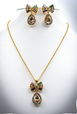 Gold Tone Bow Pendant Necklace  Earring Set with Colorful CZ Crystals