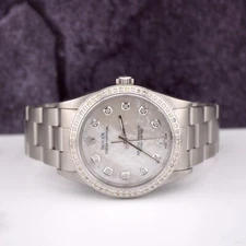 Rolex Oyster Perpetual 34mm Ladies 1ct Diamond White MOP Dial Steel Watch