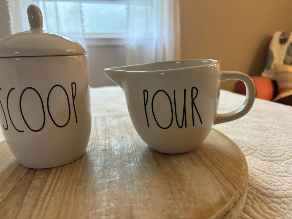 #175. Rae Dunn Pour Creamer and Scoop Sugar Bowl Lid Set Jars White & Black - Image 2 of 4