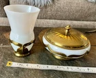 Vintage Farber Bros Krome Kraft White Milk Glass Brass Art Deco Tumbler Bowl Lid