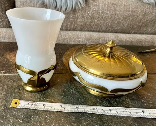 Vintage Farber Bros Krome Kraft White Milk Glass Brass Art Deco Tumbler Bowl Lid