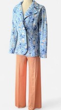 Vintage 70s leisure suit set blue Brushstroke floral blazer peach Bell Pants S