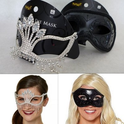 Spirit Halloween TWO EYE MASKS Diamond Clear Rhinestone , Basic Masquerade Black