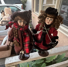 Lot of 2 Porcelain Girl Dolls Blue Eyes Brown...