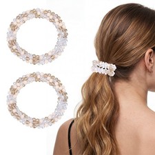 2Pcs Rhinestone Hair Scrunchies Crystal Ties Elastic Holders Mixed Cream