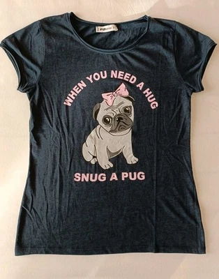 Mädchen T-Shirt v. New Yorker grau Gr. S "When you need a hug - snug a pug" Mops - Bild 1 von 3