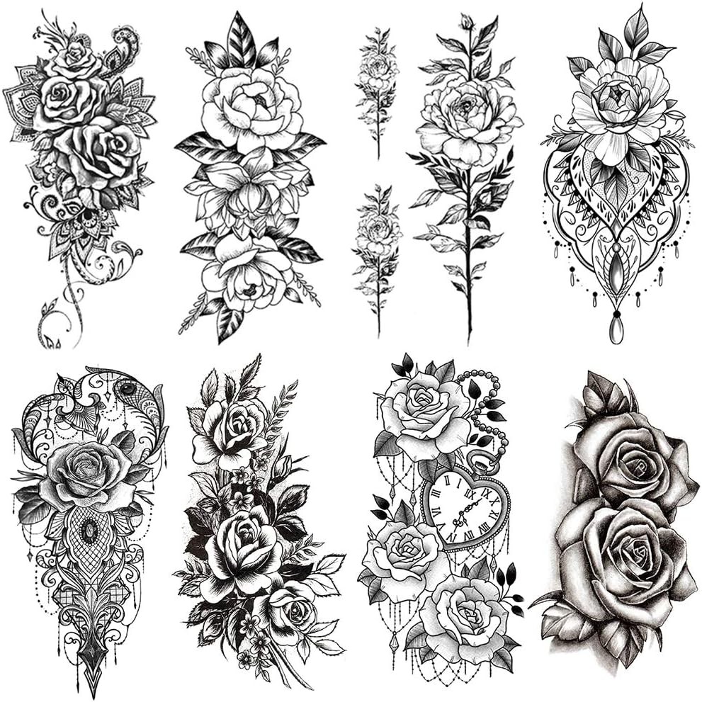 Yesallwas Sexy Rose Flower Temporary Tattoos For Women Girls Waterproof Black L