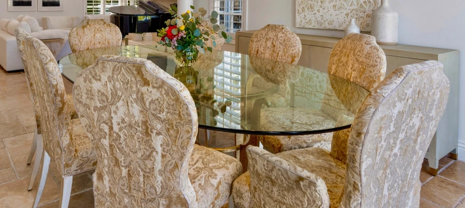 Italian Ogee Glass & Gold Metal Dining Set with 8 Velvet Chairs - Image 2 of 4