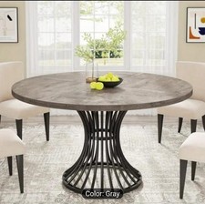 Gray Industrial Farmhouse Dining Table 47" Round Rustic Brown Metal Base for 4-6