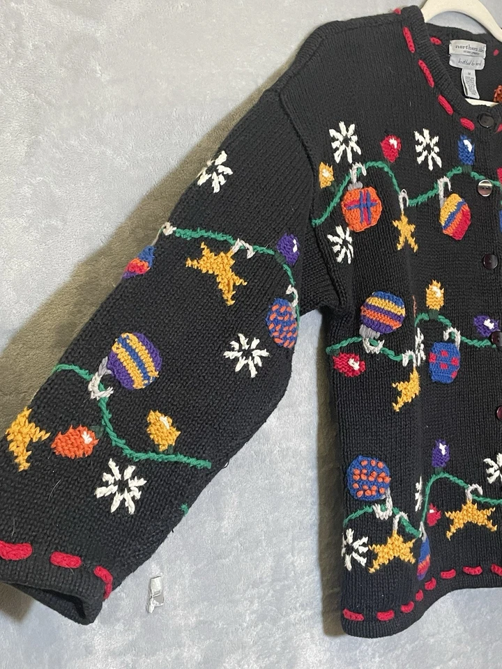 Northern Isles Hand Knit Christmas Cardigan Sweater Black Ornaments Women’s M - Image 2 of 4