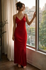 Frederick s of Hollywood Red Satin Slip Dress Gown Womens S v-neck Back Slit GUC