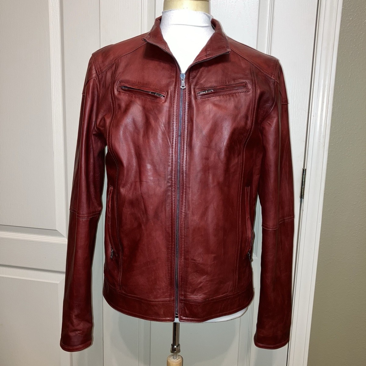 VERA PELLE Leather Jacket MOTORCYCLE Racer BURGUNDY- Sz 44 (IT 54
