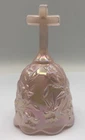 VINTAGE 6” FENTON IRIDESCENT LIGHT PINK GLASS BELL WITH CROSS HANDLE