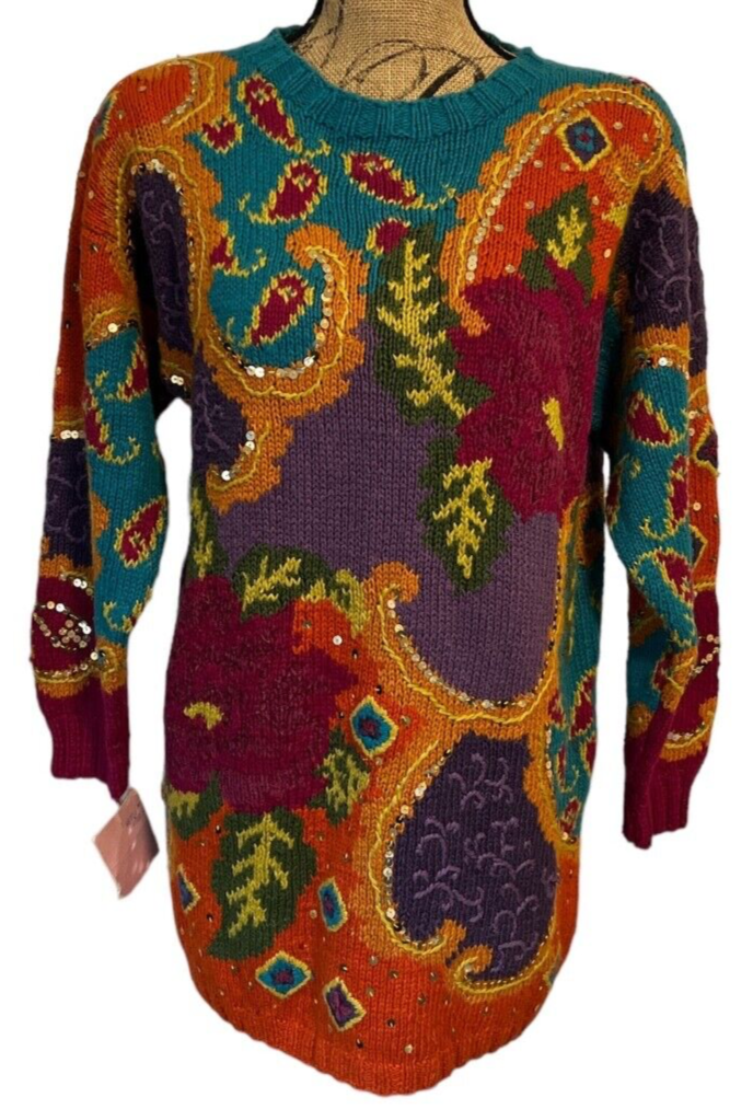Vtg Jennifer Reed Sweater L Hand Knit Embellished Paisley Sequins Bold ...