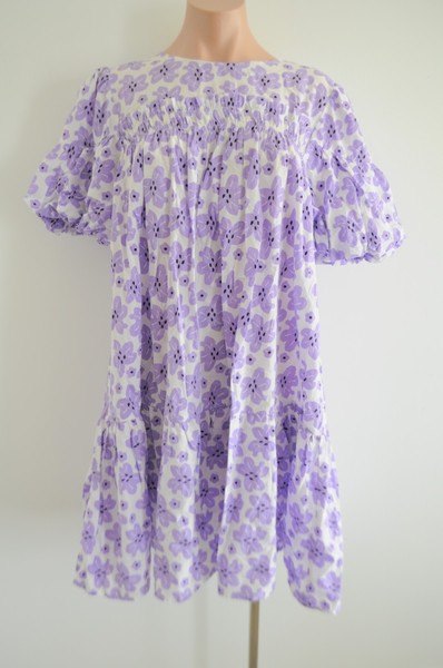 Oli & Zac Baby Doll Dress Medium Purple Floral Smock Short Puff Sleeve Cotton