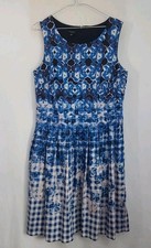 Talbots Sz. 12 Blue Floral Gingham Fit & Flare Sleeveless Dress Lined Career