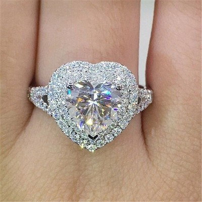 14k White Gold Plated Halo Heart Shape 2Ct Moissanite Wedding Engagement Ring