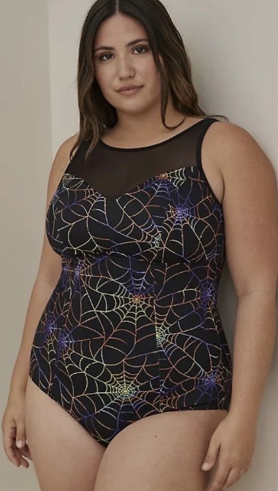 NEW TORRID sz. 1 14 / 16 Wireless Mesh One Piece RAINBOW SPIDERWEBS Swimsuit
