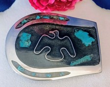 FANTASTIC Vintage Hand-Crafted Genuine INLAID TURQUOISE Silver Tone Belt Buckle