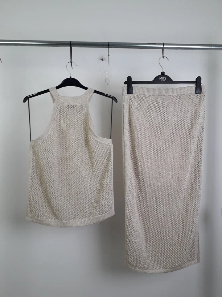 M&S Women's Glitter Knit Halterneck & Midi Skirt 2xPcs Size M Gold NWOT F2 - Image 4 of 4