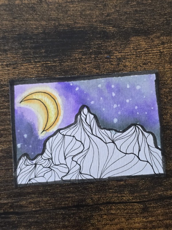 ACEO Original Landscape Mountains Night Sky Contour Crescent Moon Nature Glowing