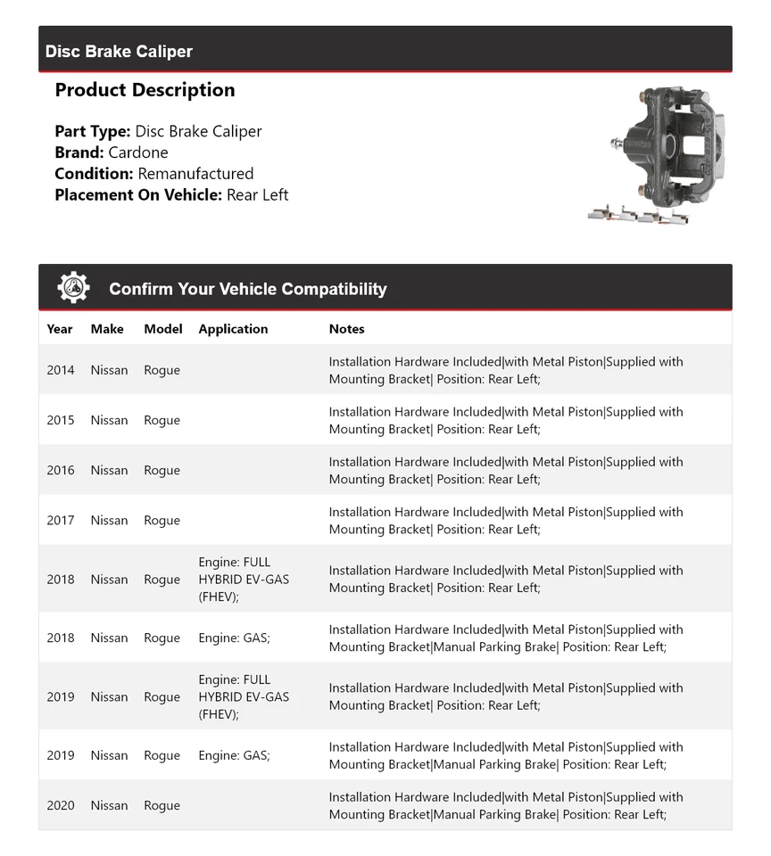 Pinza de freno de disco trasera izquierda Cardone 2015 2016 2017 para Nissan Rogue 2014-2020 Foto 2 de 4