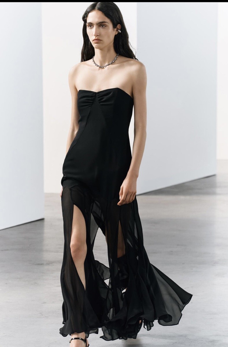 Zara New Women's Semi-Sheer Strapless Black Long Dress. Size