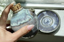 ANTIQUE POTTERY STONEWARE CHINESE SOY SAUCE JUG ca 1890's With Dish And Cork