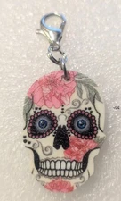 Sugar Skull Pink Floral Double-Sided Acrylic Purse Charm Zipper Pull Jewelry