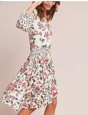 Farm Rio Women's S Anabela Dress Floral Smocked Knee Length Tassel White Pink